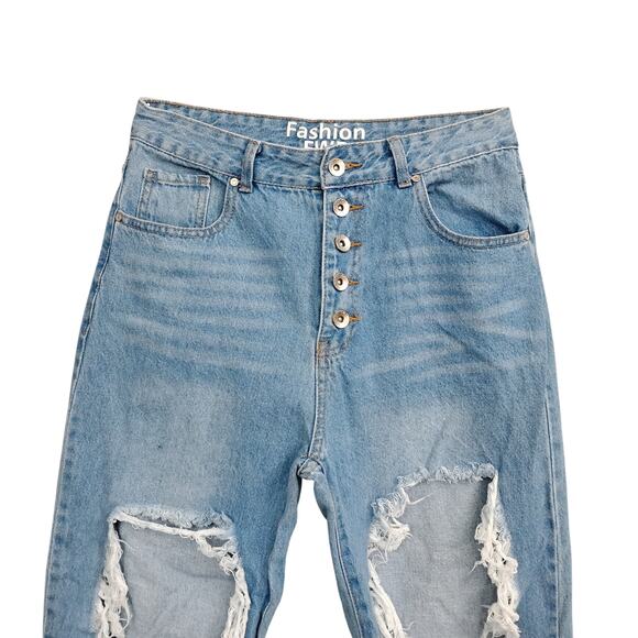 Fashion FWD Destroyed Jeans Size 9/29 Light Blue Wash Button Fly High Rise - Picture 2 of 7